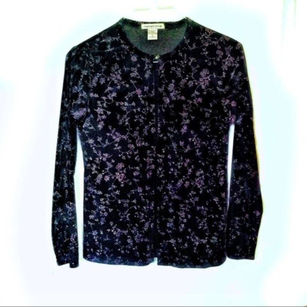 Vintage Notations Womens Black Velour Glitter Floral Shirt Jacket Size S